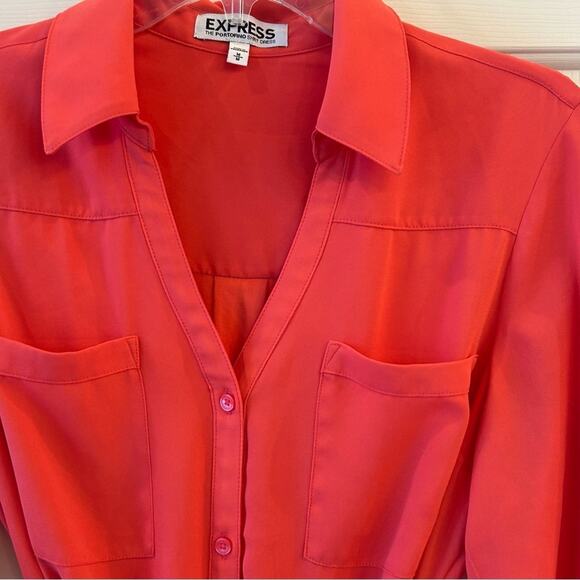 Express "The Portofino Shirt Dress" in Coral Midi Medium Lightweight Fall Casual - Picture 6 of 7